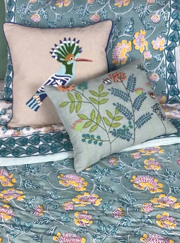 Applique Country Garden Aqua Blue Pillow